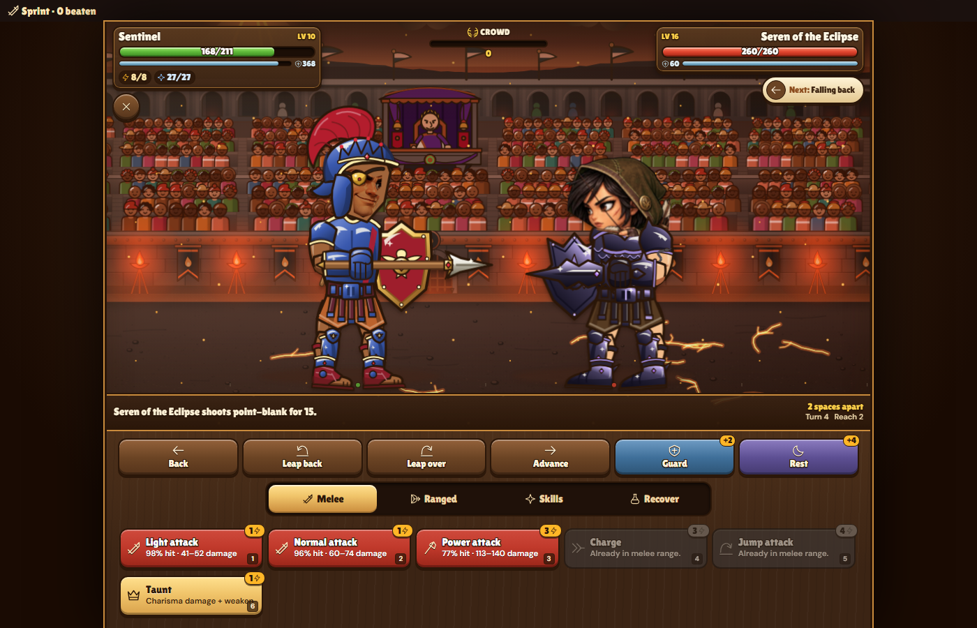 A Sentinel gladiator facing the archer Seren of the Eclipse in a crowded arena, with melee attack buttons showing Light attack 98% hit, Normal attack 96% hit and Power attack 77% hit.