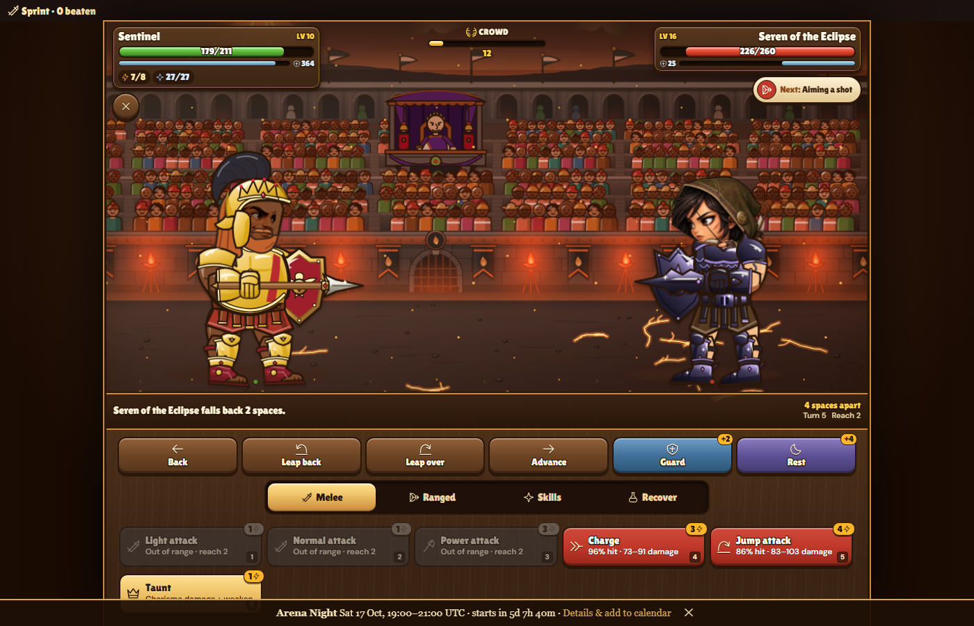 The same fight four spaces apart: melee attacks are greyed out as out of range, while Charge (96% hit) and Jump attack (86% hit) are available, and the crowd meter has started to fill.