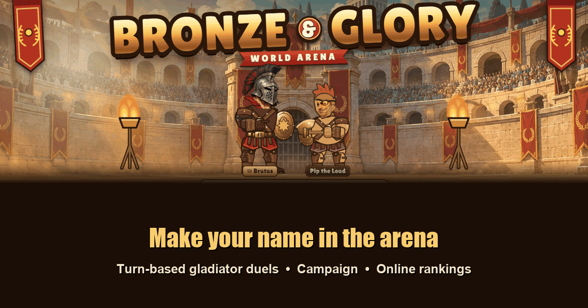 Bronze & Glory: World Arena title screen with two gladiators in a packed arena